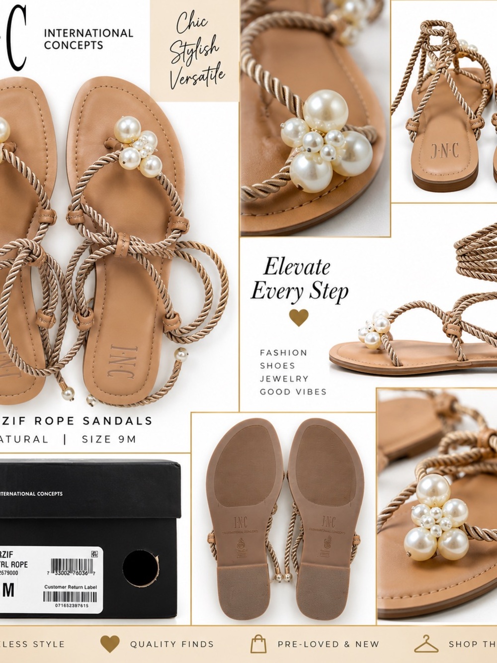 INC International Concepts Tan Rope Sandals with Pearl Cluster